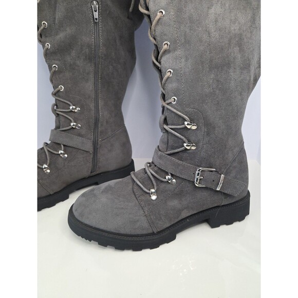 Shoe dazzle thigh high gray Faux suede lace up biker Style Chunky boot Sz 8.5 - Picture 5 of 13
